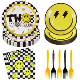 96 Pcs Two Cool Dude Birthday Party Decorations 350 GSM 2nd Birthday Party Supplies Tableware Set for Two Year Old Happy Dude Yellow Black Lightening Checkered Party Baby Shower Decor Serves 24 Guests