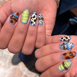 Uñas postizas acrílicas de almendra con diseño de tortuga, cebra y leopardo, para mujer, 24 unidades