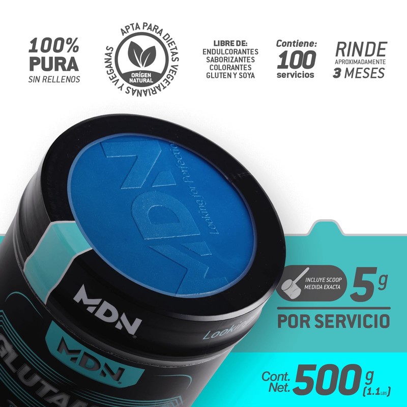 Glutamina, Mdn Sports, 100 servicios, 500 g, Sin Saborizantes, 5