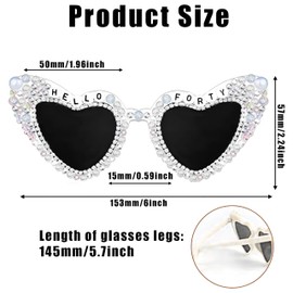 Vxcvzv 1Pcs 40th Birthday Glasses, HELLO FORTY Sunglasses Shiny Diamond Pearl Sunglasses birthday accessories for women White