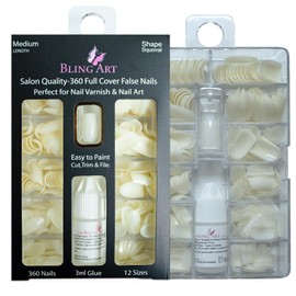 Bling Art Salon 360 Squoval Long False Nails Natural White Acrylic with Glue