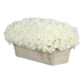 House of Silk Flowers Artificial Hydrangeas in White-Washed Wood Ledge (White)