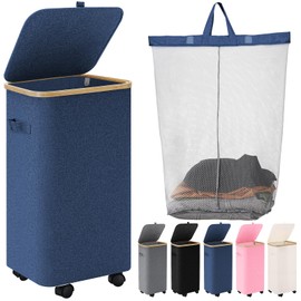 Laundry Hamper with Wheels,20 Gal (75L) Laundry Basket with lid Rolling Clothes Hamper Foldable Dirty Clothes Basket on wheels with Bamboo Frame and Bag for Bedroom, Dorm, Laundry Room-Blue
