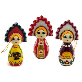 Needzo Assorted Color Hand Carved and Painted Russian Girls with Kokoshnik Christmas Ornament, 3 1/2 Inch, Pack of 3