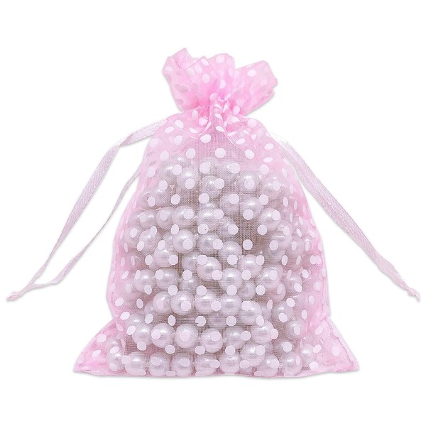TheDisplayGuys 100-Pack 4x6 Sheer Organza Gift Bags with Drawstring (Medium) - Polka Dot (Pink/White) - for Wedding Party Favors, Jewelry, Candy, Treats Mesh Pouch