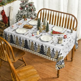 Horaldaily Christmas Tablecloth 60×60 Inch Square, Christmas Trees Buffalo Plaid Beige Washable Table Cover for Party Picnic Dinner Decor
