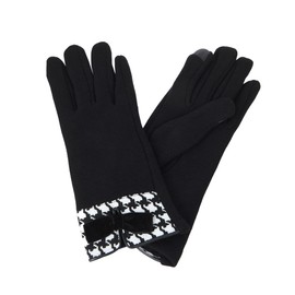 Women's Winter Thermal Gloves with Velvet Bow & Houndstooth Trim, Black M/L