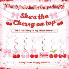 K KUMEED 12 Pcs Cherry Party Decorations,She's The Cherry On Top Theme Banner and Cute Cherry Theme Hanging Swirls,Summer Fruit Cherries Party Supplies for Birthday Baby Shower Wedding Bridal Shower