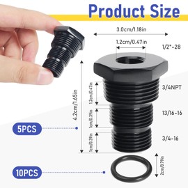 Kodilin 1/2-28 Thread Adapter,1/2-28 Female to 3/4-16 13/16-16 3/4 NPT Male Hose Adapter Reducer Fitting Connector Aluminum Black - 5PCS