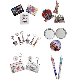 18 Pack Multicolor New York NYC Souvenir 6 keychain 3 Metal Refrigerator Fridge Magnets Statue of Liberty 3 Classic Magnets 2 NY Pen 2 Change Holder Pouch Coin Purse 2 Makeup Mirror (Color May Vary)