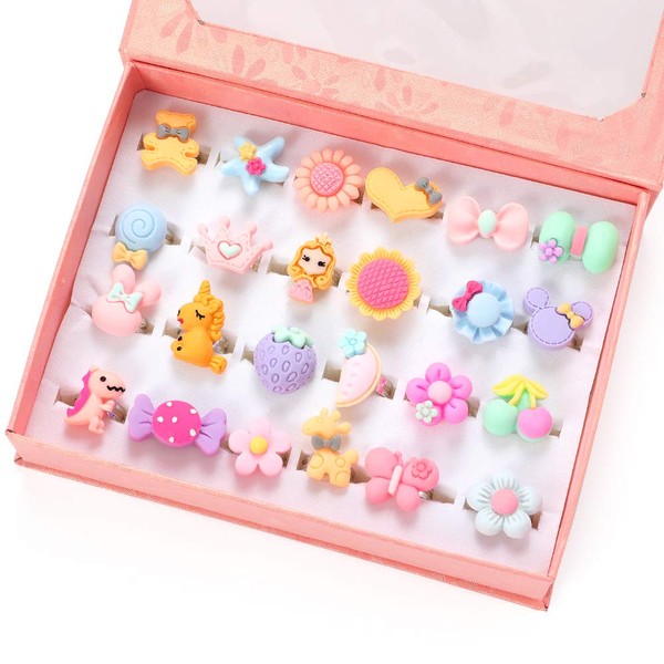 PinkSheep Little Girl Jewel Rings in Box, Adjustable, No Duplication, Girl Pretend Play and Dress Up Rings (24 Surface Ring)