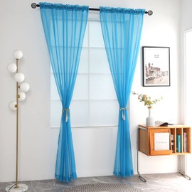 SpaceDresser Basic Rod Pocket Sheer Voile Window Curtain Panels Cyan Blue 1 Pair 2 Panels 52 Width 84 Inch Long for Kitchen Bedroom Children Living Room Yard(Cyan Blue,52 W x 84 L)