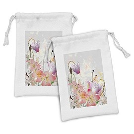 Lunarable Floral Fabric Pouch Set of 2, Lily Blossoms in Soft Pastel Tones Enchanted Bridal Inspired Romance Love Print, Small Drawstring Bag for Toiletries Masks and Favors, 9" x 6", Multicolor