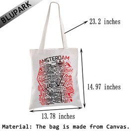 BLUPARK Amsterdam Map Tote Bag Amsterdam Travel Shopping Bag Netherlands Travel Gift Amsterdam Souvenirs Reusable Tote Bag (AMSTERDAM)