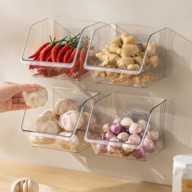 Veefos Garlic Keeper Storage Ginger Container, 3-Pack Small Clear Acrylic Bins with Adhesive, No-Drill Wall Mounted or Countertop Baskets for Kitchen, Pantry, Cabinet Organization
