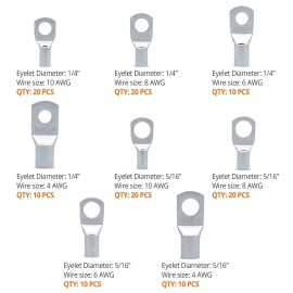 Wirefy Tinned Copper Wire Lugs Kit - Battery Lugs - Crimp Battery Cable Ends - 120 PCS
