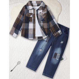 Tainmully Toddler Boy Clothes Plaid Shirt Jacket White T-shirt Top and Jeans Pants 3Pcs Boys Clothes Size 4T Fall Clothing