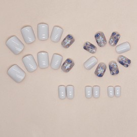 24Pcs Cream Short Press on Nails Square Shape Fake Nails with Milk Blue Flower Designs Glossy Full Cover Stick on Nails Short Vintage Flowers Artificial Acrylic False Nails Glue on Nails for Women