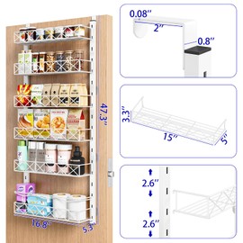 MIAOLI Over the Door Organizer, White 6-Tier Pantry Door Organizer with Adjustable Basket, Hanging Spice Rack Cabinet Door Shelves, Laundry Room Organization and Storage