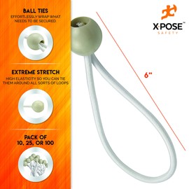 Xpose Safety Bungee Ball Cords 6" 25 Pack Heavy Duty White Stretch Rope with Ball Ties for Canopies, Tarps, Walls, Cable Organization