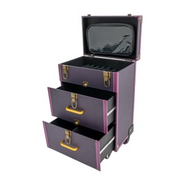 Rolling Makeup Train Case Travel Make Up Case Cosmetic Train Case Rolling Portable Makeup Case Beauty Train Case With Universal Wheels & Key For Hairdresser Makeup Artist (Purple+Bronze)