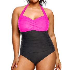 Yonique Plus Size Bathing Suit for Women One Piece Swimsuit Tummy Control Halter Tops Swimwear Hot Pink and Black 16 Plus