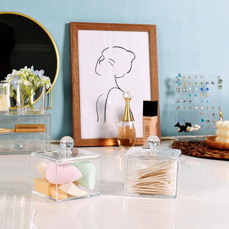 SheeChung Modern Square Acrylic Qtip Holder - Clear Apothecary Jar