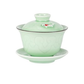Urban Tokyo Gaiwan Teacup Kung Fu Tea Set Cup and Saucer With Lid 5 fl oz Traditional Porcelain Gongfu Tea Set (Celadon Green Koi Fish)
