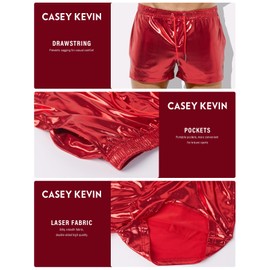 Casey Kevin Men's Holographic Metallic Short Sparkly Shiny Short Pants Rave Outfit Hot Shorts with Pockets and Drawstrings