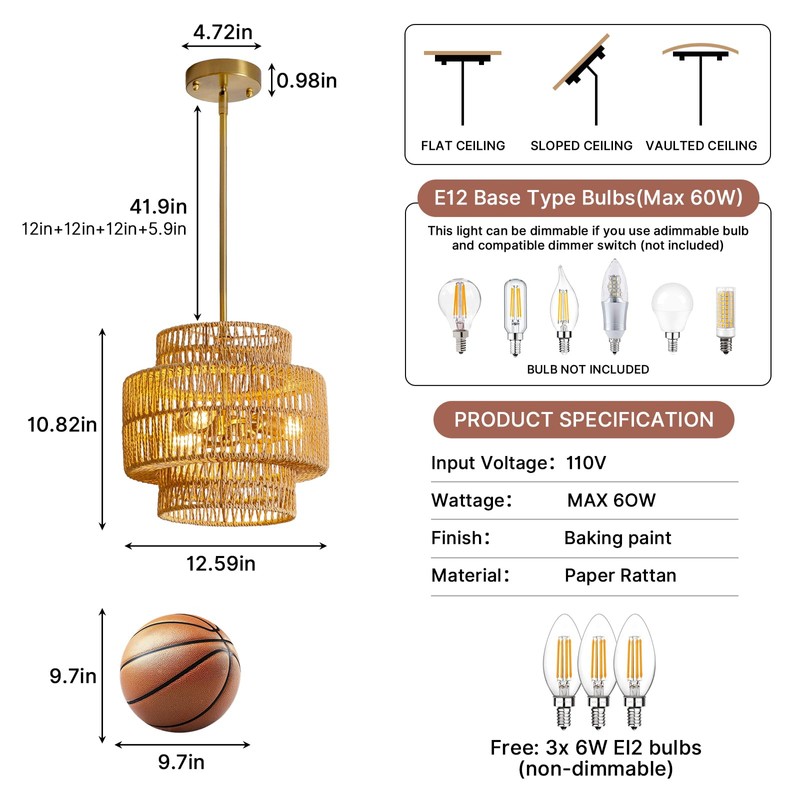 MODIVO Boho Rattan Pendant Light for Kitchen Island & Dining