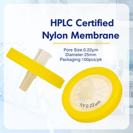 Pack of 100 Nylon Syringe Filters 0.22 μm Pore Size, 25 mm Membrane Diameter, Laboratory Syringe Filter, HPLC and GC Syringe Filter, Yellow (Barrels Packed)