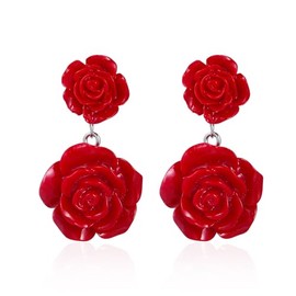Red Rose Flower Earrings Ring Vintage Enamel Painting Dangle Earrings for Women Jewelry-Double Rose