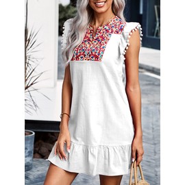 KIRUNDO Women's 2025 Summer Mini Dress Casual V Neck Floral Embroidered Ruffle Sleeveless Shift Flowy Boho Dress (B-White, Small)