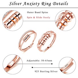 Cangall Silver Anxiety Rings, 2PCS 925 Sterling Silver Fidget Rings Set, Open Adjustable Rose Gold Anxiety Fidget Rings with Beads, Infinity Unisex Stress Spinner Ring Relaxing Gift for Women Men