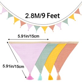G2PLUS Fabric Bunting Banner with Tassel, 12PCS Double Sided Cotton Bunitng, 2.8m Fabric Triangle Garland, Candy Colours Baby Bunting for Nursery/Baby Shower/Brithday/Party/Bedroom Decoration