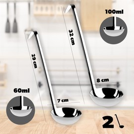 KADAX Soup ladle made of high-quality stainless steel, ladle with holder, sauce spoon with long and ergonomic handle, ladle, pouring spoon, kitchen aid, silver (set: 60 + 100 ml)