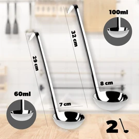 KADAX Soup ladle made of high-quality stainless steel, ladle with holder, sauce spoon with long and ergonomic handle, ladle, pouring spoon, kitchen aid, silver (set: 60 + 100 ml)