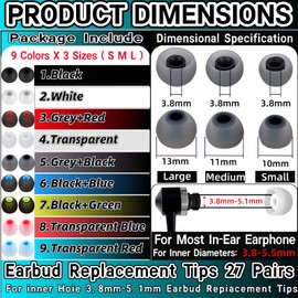 Earbuds Replacement Tips 54Pcs Silicone Earbuds Cap Replacement Pieces Earbud Covers Headphone Earbuds Rubber Tips Fit Most in-Ear Earbuds (Inner Hole 3.8mm -5.1mm) 3 Sizes S/M/L,9 Colors