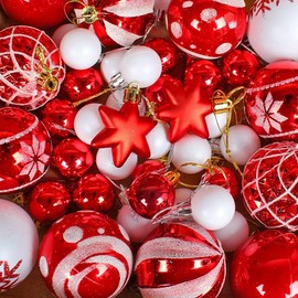 Christmas Tree Ornament Balls, 5 Styles, 44 Pieces Each, Red/White, White/Gold, Pink/Green, Blue/White, Blue/Silver, 3-6 in Diameters (Red White)