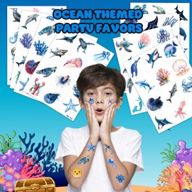 96 PCS Ocean Pre–Cut Blue Animals Temporary Tattoos Themed Birthday Party Decorations Favors Supplies Décor Under The Sea Turtle Fish Tattoo Stickers Gifts For Game Boys Girls Classroom School Prizes