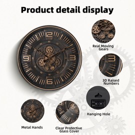 Maxstar Large Vintage Moving Gear Wall Clock, 20''Battery Operated Industrial Steampunk Metal Decor for Living Room, Office,Fireplace, Farmhouse(Arabic Number-Bronze)
