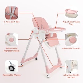 Sunchildor 3 in 1 Baby High Chair with Wheels, Adjustable 5 Point Harness, Tray, Foot Rest, Backrest and Seat Height, Foldable High Chair for Toddlers, Pink