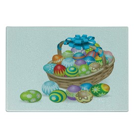 Ambesonne Easter Cutting Board, Basket of Colorful Ornamental Eggs with a Blue Ribbon Spring Season Easter Holiday, Decorative Tempered Glass Cutting and Serving Board, Small Size, Multicolor