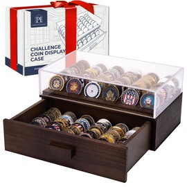Large Wooden Challenge Coin Display Case with Clear Cover - Military Coin Display Case Holds 36 Coins on Top & 36 in The Storage Drawer - Versatile Coin Stand Holder & Poker Chip Display Case - Brown