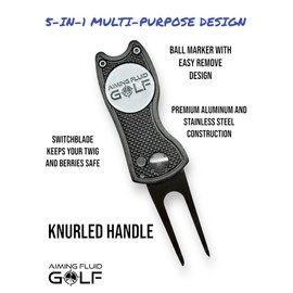 Aiming Fluid Golf 5-in-1 Divot Repair Tool with Ball Marker, Groove Cleaner, Club Tee, Putting Alignment, Switchblade Design – Premium Golf Gift and Accessory (Gunmetal Grey Divot Tool)