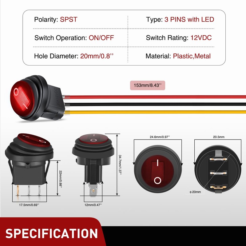Nilight 5Pcs Waterproof Round Rocker Toggle Red LED Switch 12V