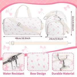 Dansydaisy Quilted Duffle Bag for Women Cotton Pink Bow Dance Bag with Adjustable Carry Strap and Handy Pouch Floral Backpack for Dancers