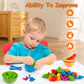 Counting Dinosaurs Set, 56 PCS Colour Sorting Counting Dinosaurs Toys with Matching Bowls & Tweezers, Montessori Rainbow Matching Game Educational Color Sorting Toys for Toddlers By MYCeator (56 PCS)