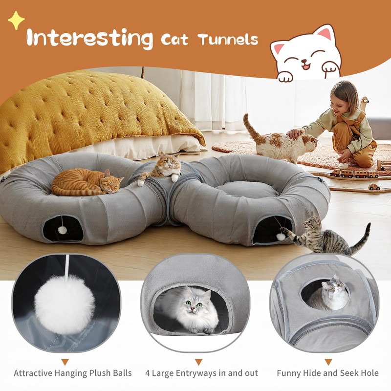 Pawaboo 2-in-1 Cat Tunnel Bed for Indoor Cats, 8-Shaped Large