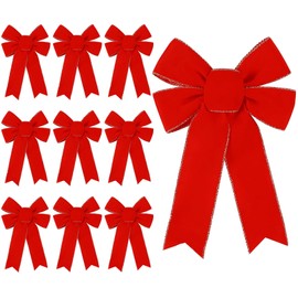 DIYDEC 10PCS Christmas Red Bows Decorations, 9 x 13 Inches Large Velvet Christmas Tree Wreaths Bows with Glitter Gold Edge for Xmas Home Fence Stairs Railing Fireplace Indoor Outdoor Front Door Decor